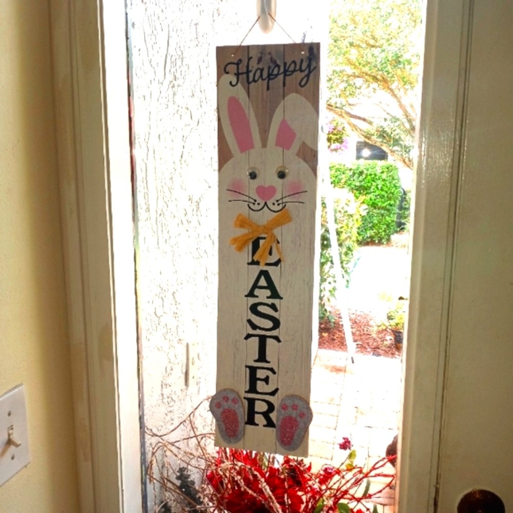 All🐥3/$25🐰 "Happy Easter" Long Bunny Wooden Easter Window/Door Art Decor NWT